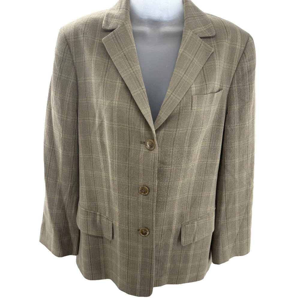 Brooks Brothers Womens 3 Button Blazer Tan Plaid‎ Wool Linen Size 12